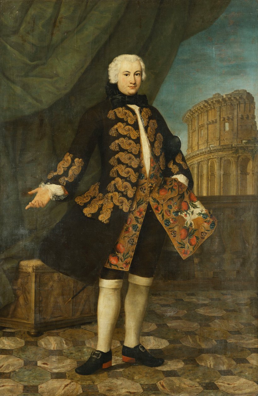 Porträtt av William Perry, 21 år, stående, full längd, i en guldbroderad brun kappa, vid en balustrade, med Colosseum bortom, av Antonio David