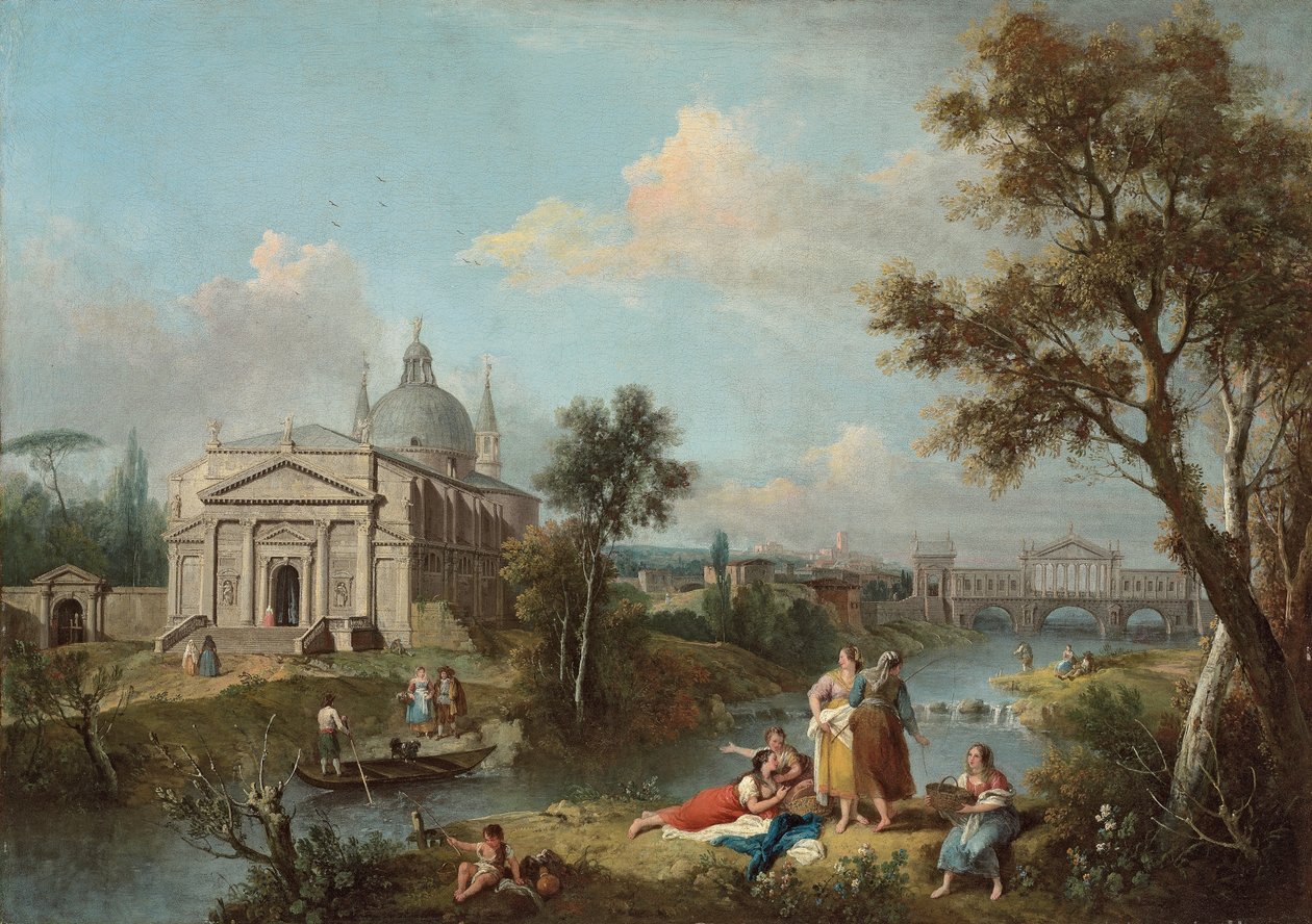 Italienskt flodlandskap (olja på duk) av Antonio & F. Zuccarelli (1702 88) Visentini