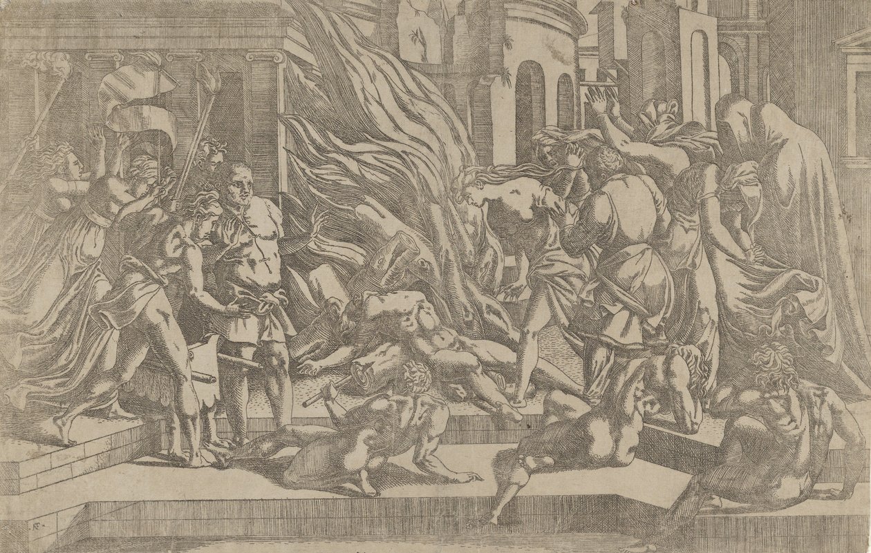 Bränning av ett lik, 1540-45. av Antonio Fantuzzi