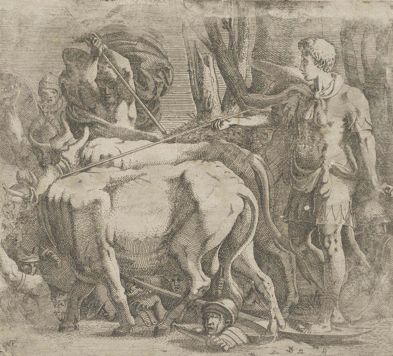 Cadmus bearbetar fältet där han sådde drakens tänder, 1540-45. av Antonio Fantuzzi