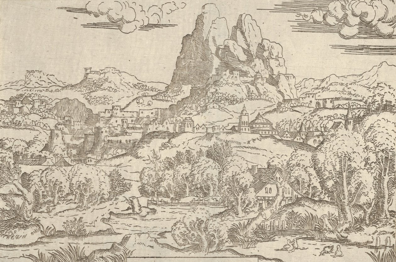 Landskap från Venus Pushing Cupid ram, 1540-45. av Antonio Fantuzzi