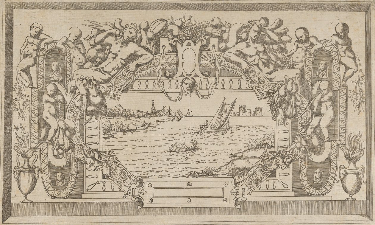Landskap med prydnadsram, ca. 1543. av Antonio Fantuzzi