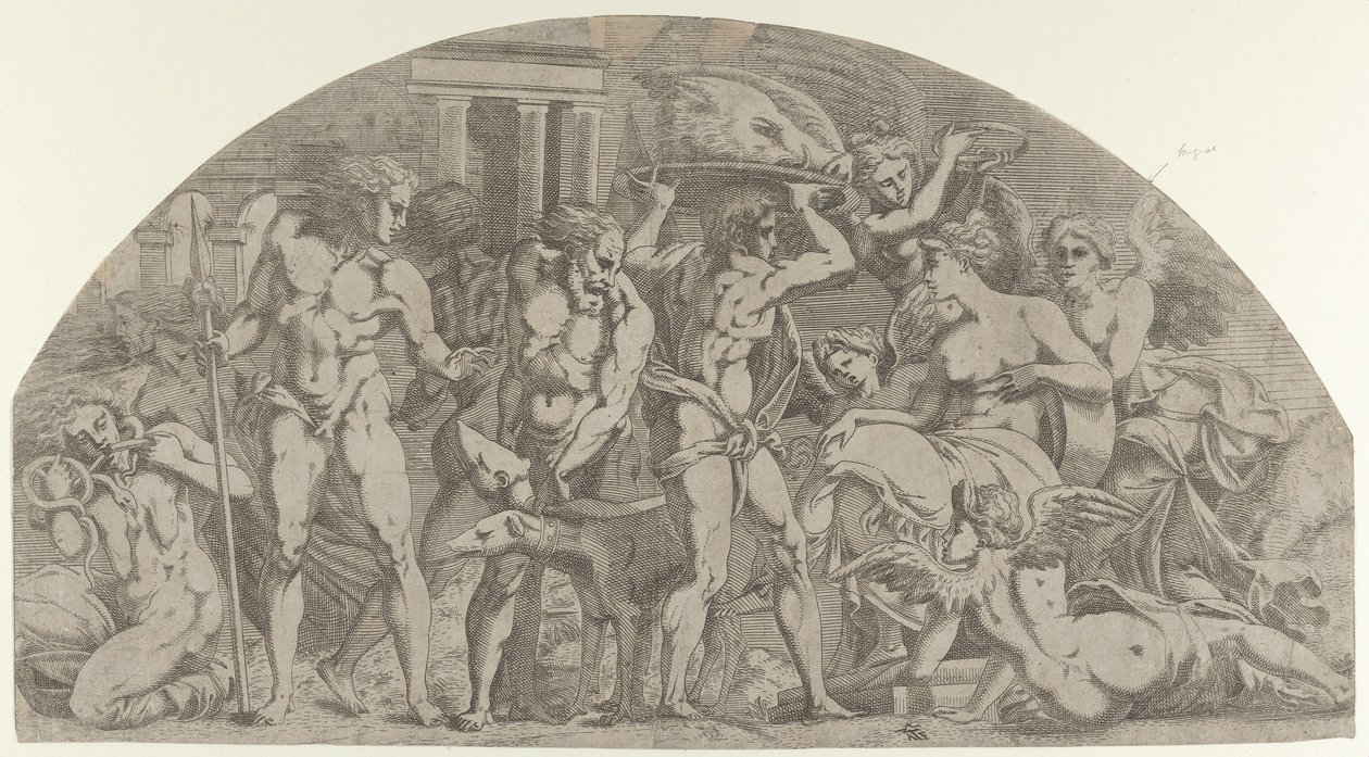 Meleager som bringar vildsvinens huvud till Atalanta, 1540-45. av Antonio Fantuzzi