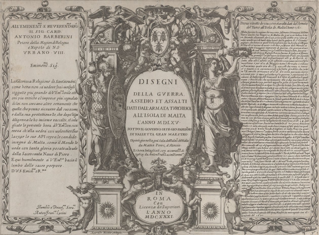 Frontispice för teckningar av kriget, belägringen och anfallet av den turkiska armén på ön..., 1631. av Antonio Francesco Lucini