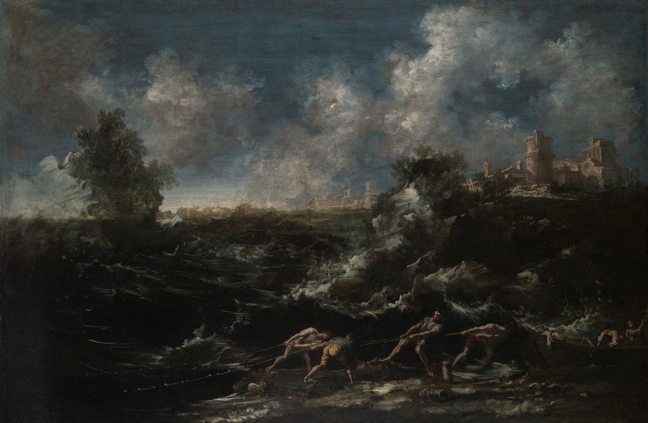 Havslandskap med fiskare som drar ut nät av Antonio Francesco Peruzzini