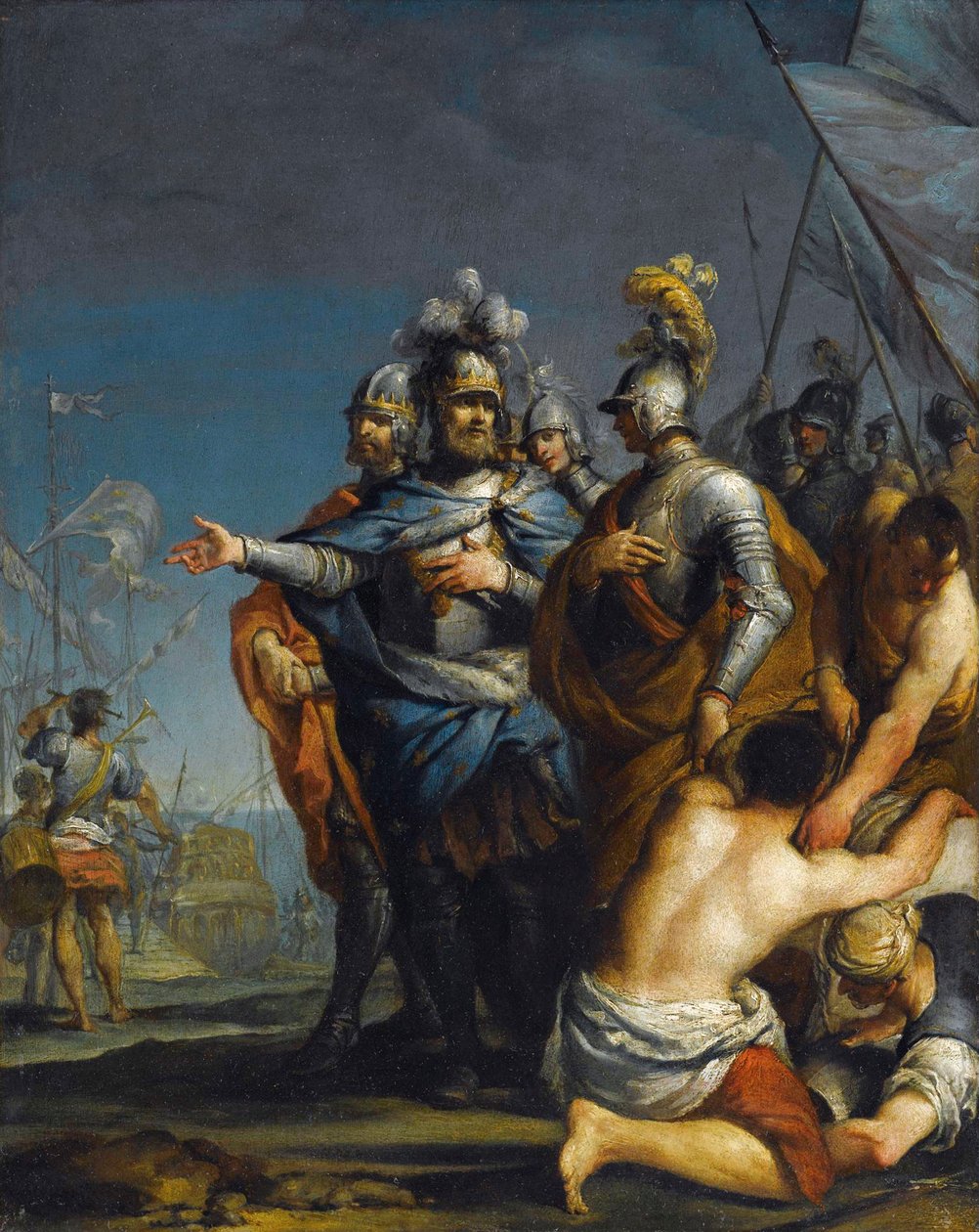 Saint Louis Departing For The Crusade av Antonio Gionima (1697-1732) - Olja på koppar, 45x35,8 - Privat samling av Antonio Gionima
