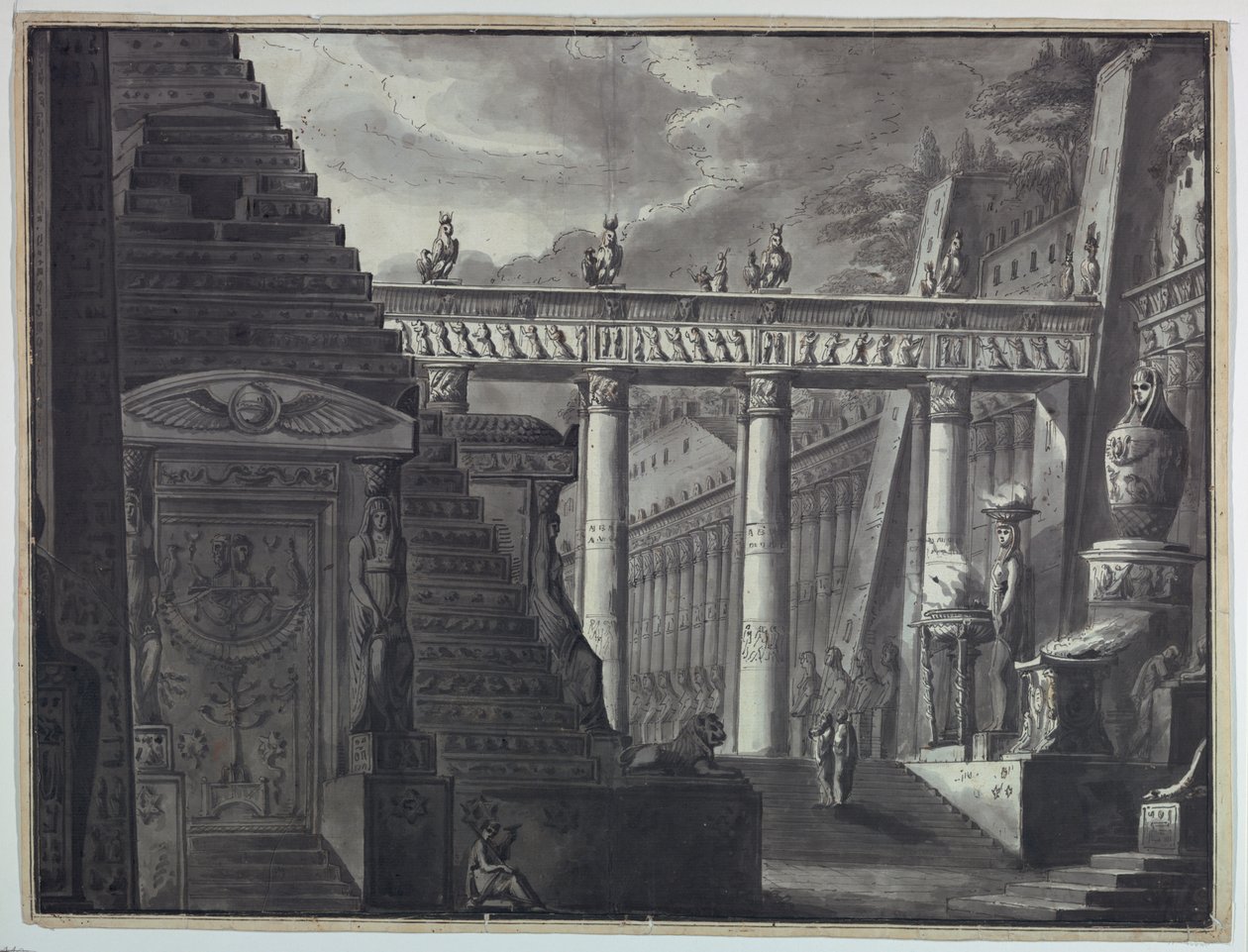 Scenografi, innergård till ett egyptiskt tempel av Antonio Giuseppe Basoli