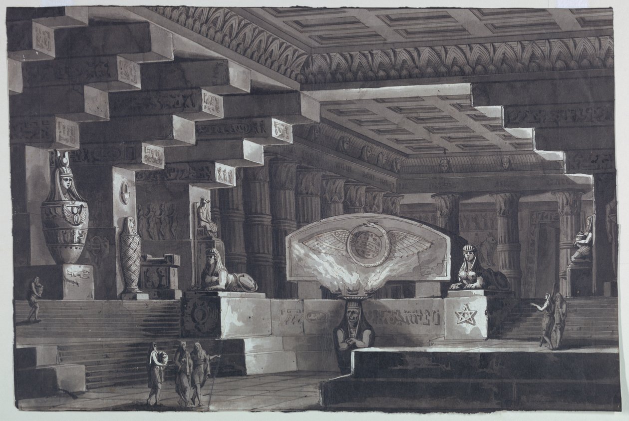 Scendesign, interiör av egyptiska templet av Antonio Giuseppe Basoli
