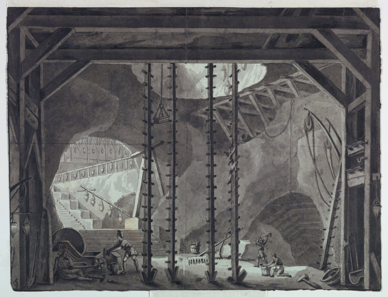 Scenografi, män som bygger byggnad i grottan av Antonio Giuseppe Basoli