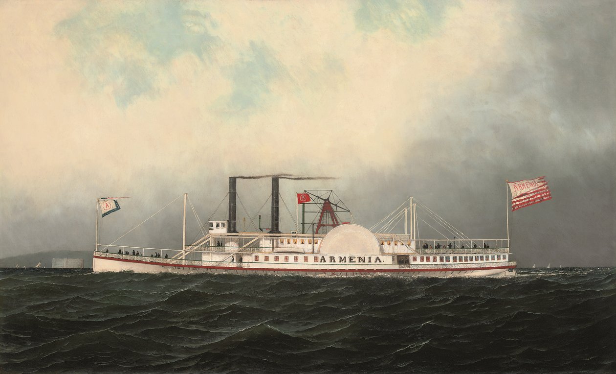Hudson River Day Line-ångbåten Armenien passerar Fort Lafayette, New York Harbor (olja på duk) av Antonio Jacobsen