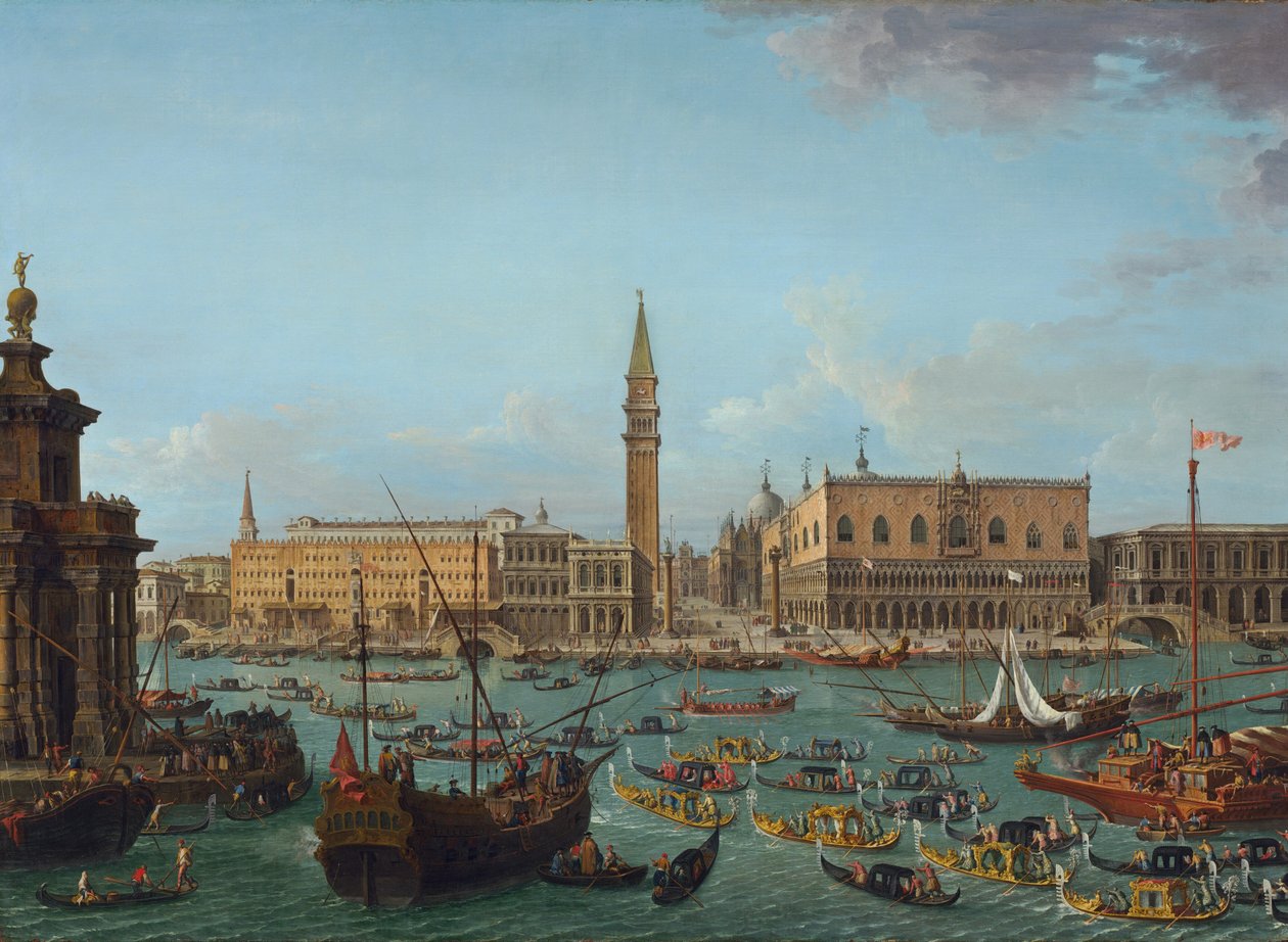 Procession av gondoler i Bacino di San Marco, Venedig av Antonio Joli
