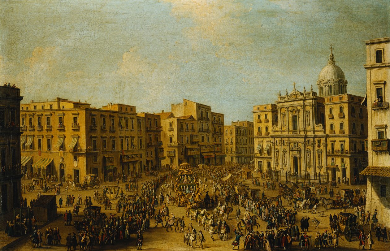 Largo San Ferdinando, Neapel, vid karnevalstid med den kungliga vagnen som närmar sig Palazzo Reale, av Antonio Joli