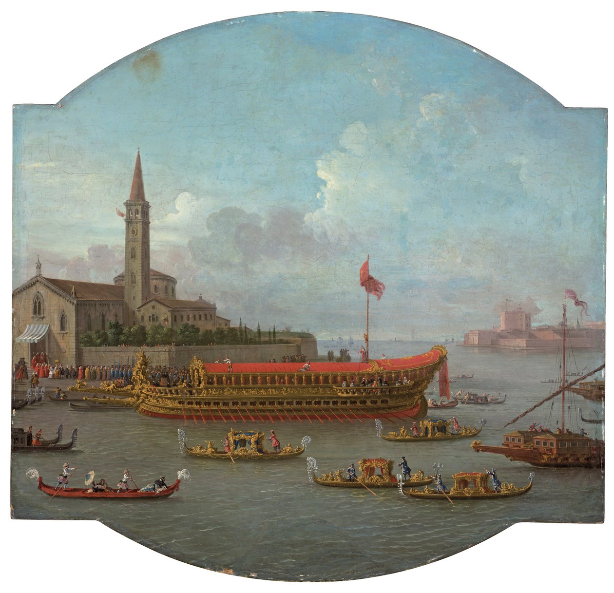 Utsikt över Bucintoro förankrad framför San Nicolo al Lido, Venedig, för ceremonin av Sposalizio del Mare av Antonio Joli