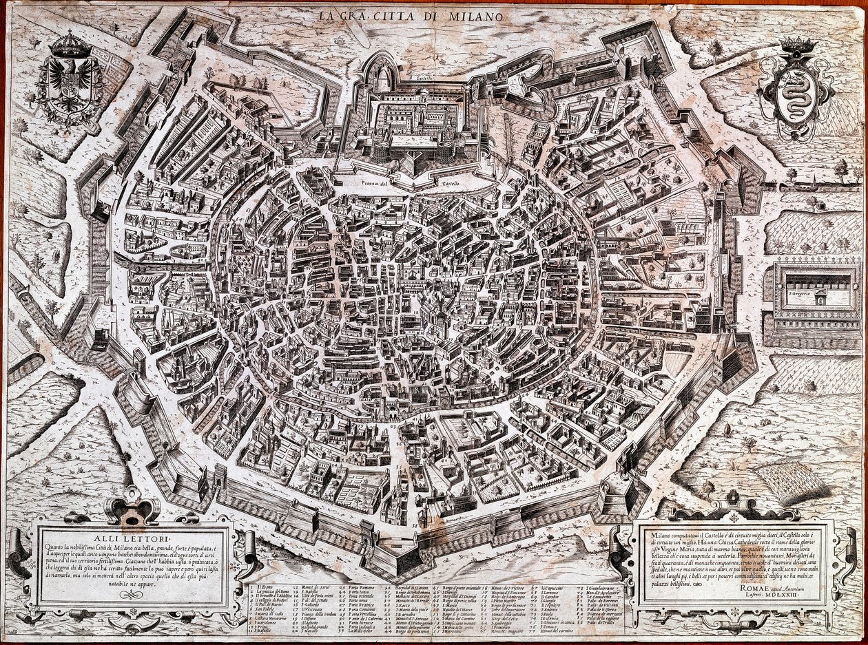 Stadskarta över Milano redigerad av Antonio Lafreri (Lafrery eller Lanfrerius) (1512-1577) 1573. Detta är den äldsta kartan i staden. Milano, Milanos museum - Karta över Milano. Den äldsta kartan över staden 1573, redigerad av Antonio Lafreri. Italien, Mil av Antonio Lafreri