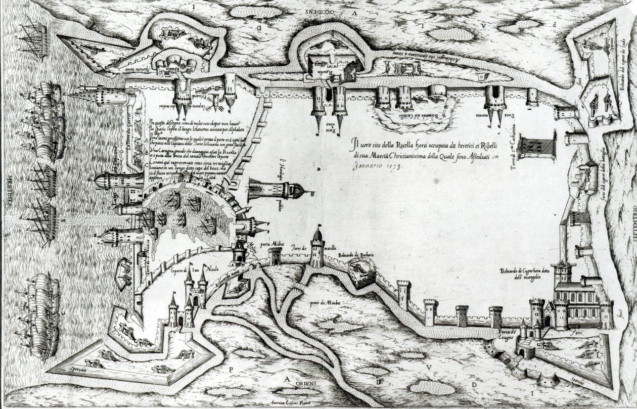Karta som illustrerar La Rochelle ockuperat av hugenotterna av Antonio Lafreri