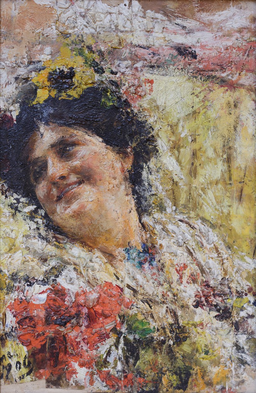 Huvud av en kvinna och blommor av Antonio Mancini