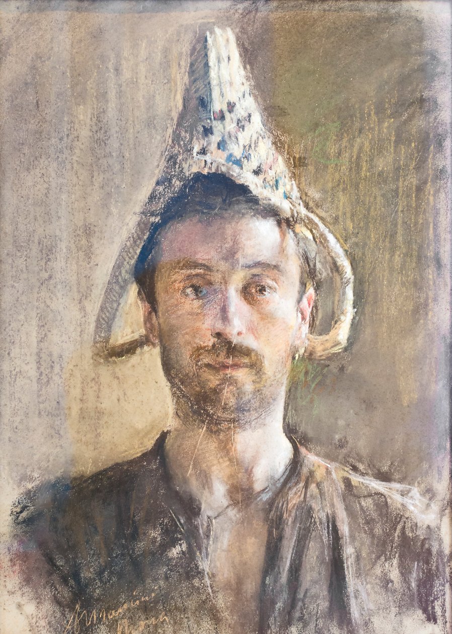Självporträtt med korg av Antonio Mancini