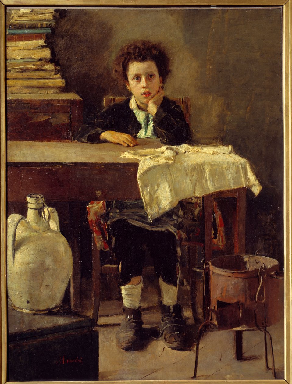 Den lille skolpojken eller fattiga skolpojken Målning av Antonio Mancini (1852-1930) 1800-talets sön. 1,3x0,97 m Paris, Musee d