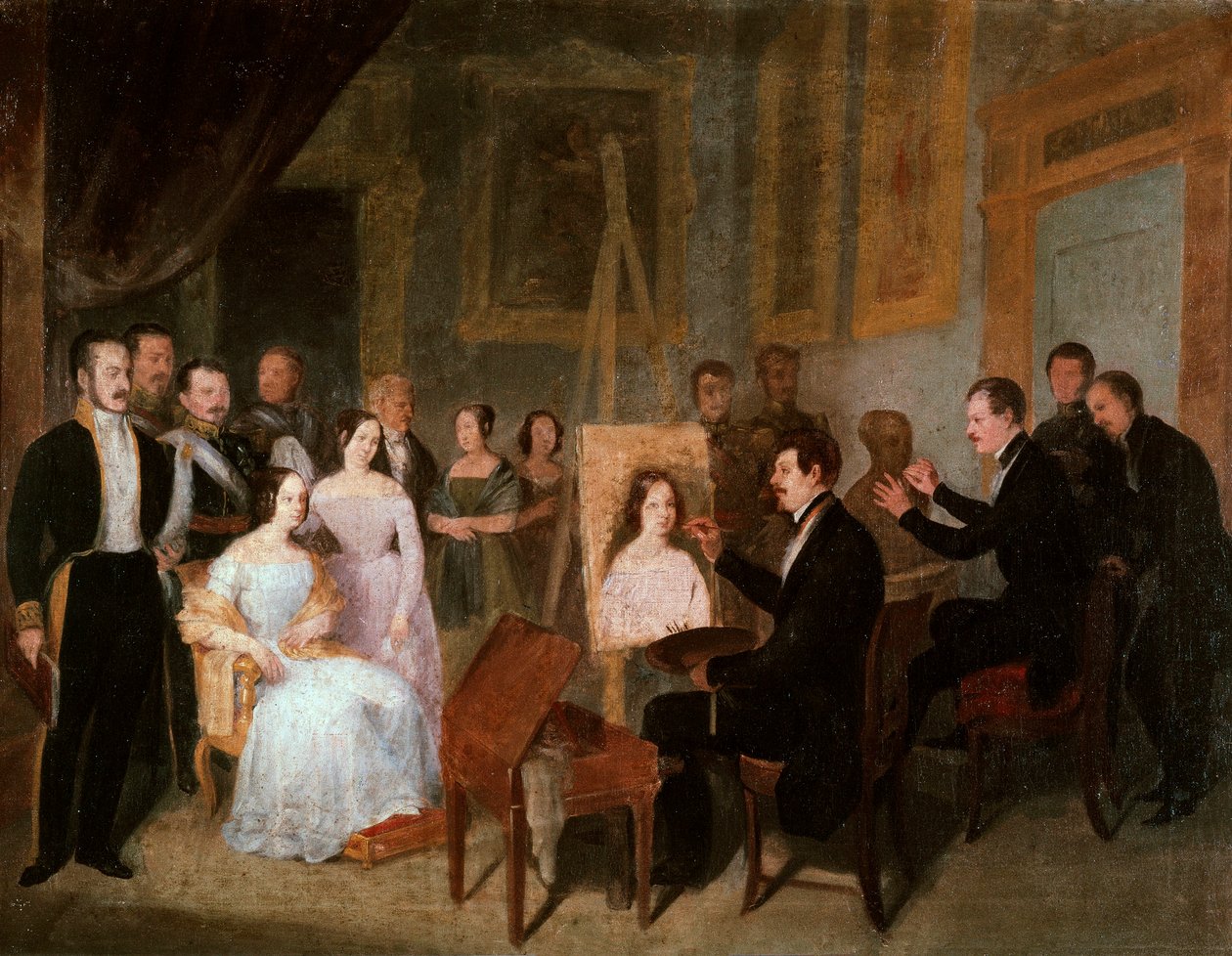 Dodge i sin studio målar porträttet av drottning Isabella II av Spanien (1830-1904). Målning av Antonio Maria Esquivel (1806-1857) av Antonio María Esquivel y Suárez de Urbina