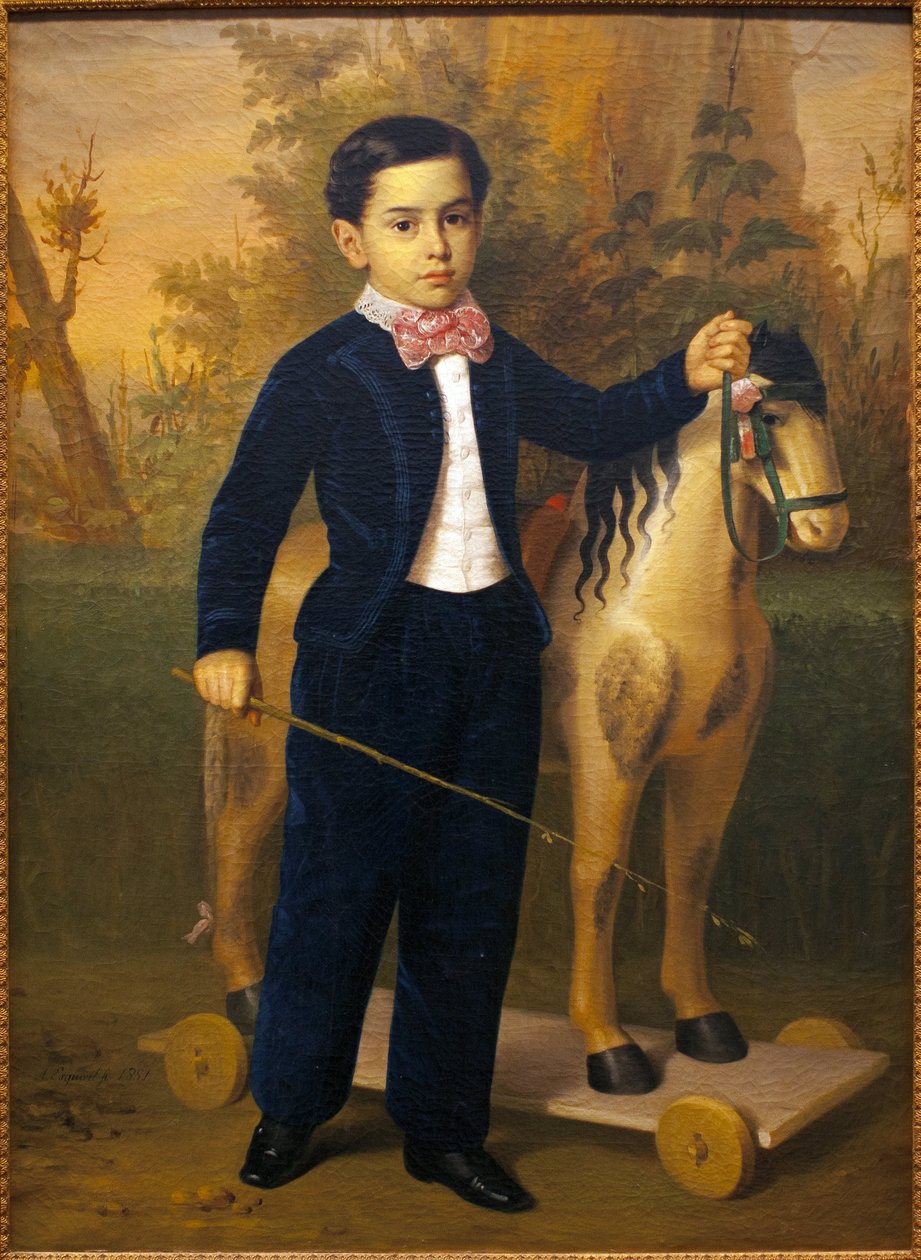 Porträtt av en liten pojke med en trähäst. Målning av Antonio Maria Esquivel (1806-1857), Olja på duk, ves 1851. Museum of Fine Arts i Sevilla, Spanien. av Antonio María Esquivel y Suárez de Urbina