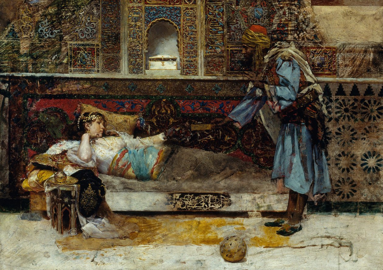 Sultanens gåva - Målning av Antonio Maria Fabres y Costa (1854-1936), olja på trä (29x41,5 cm) av Antonio Maria Fabres y Costa