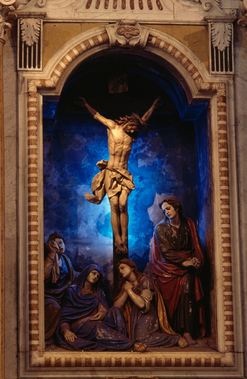 Crucifixion, av Anton Maria Maragliano (1664-1739), Crucifix kapell, Shrine of Our Lady of Acquasanta, Acquasanta, Genua, Ligurien, Italien av Antonio Maria Maragliano