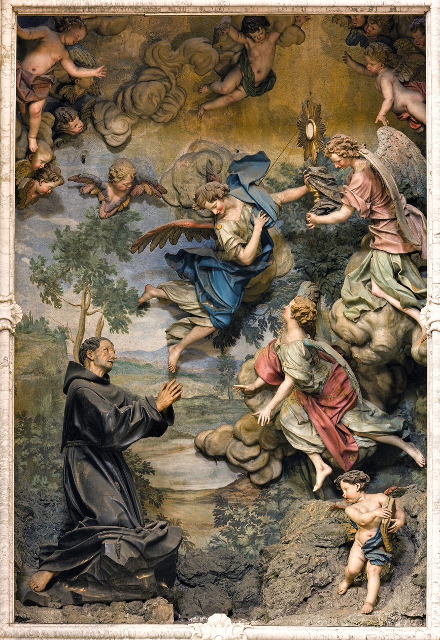 San Pasquale Baylon i tillbedjan (fresk på snidat trä) av Antonio Maria Maragliano