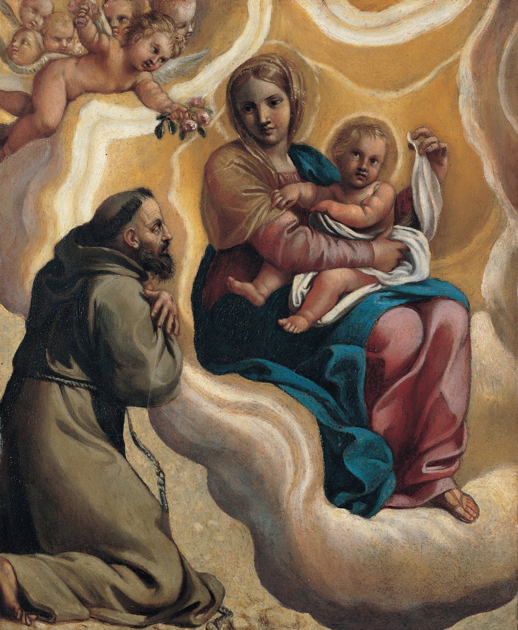Madonna med barnet och den helige Franciskus, 1605 av Antonio Marziale Carracci