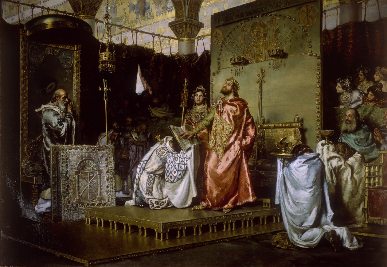 Omvandling av reccared till katolicism vid rådet III i Toledo, 589, 1888 av Antonio Munoz Degrain