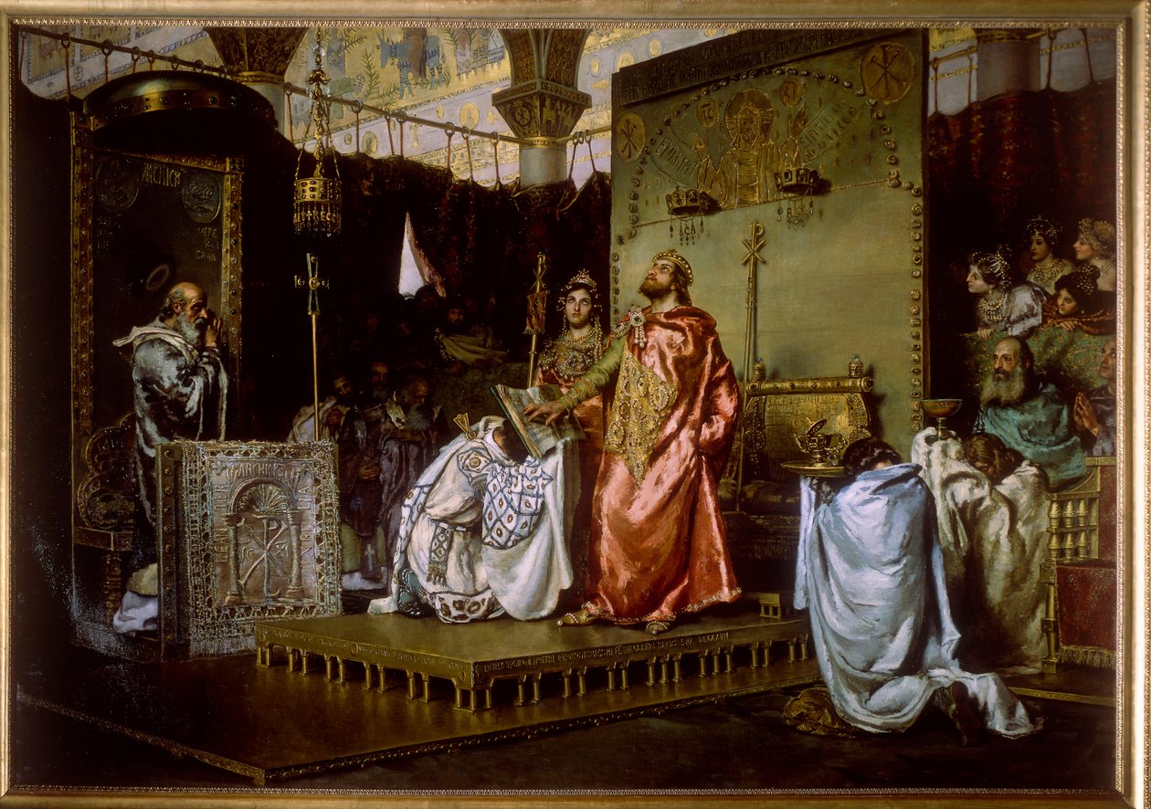 Tredje rådet i Toledo (589) - omvandling av Recarede I (559-601) till katolicism - Konvertering av recared till katolicism vid konciliet III i Toledo, 589 - Målning av Munoz Degrain, Antonio (1840-1924) av Antonio Munoz Degrain