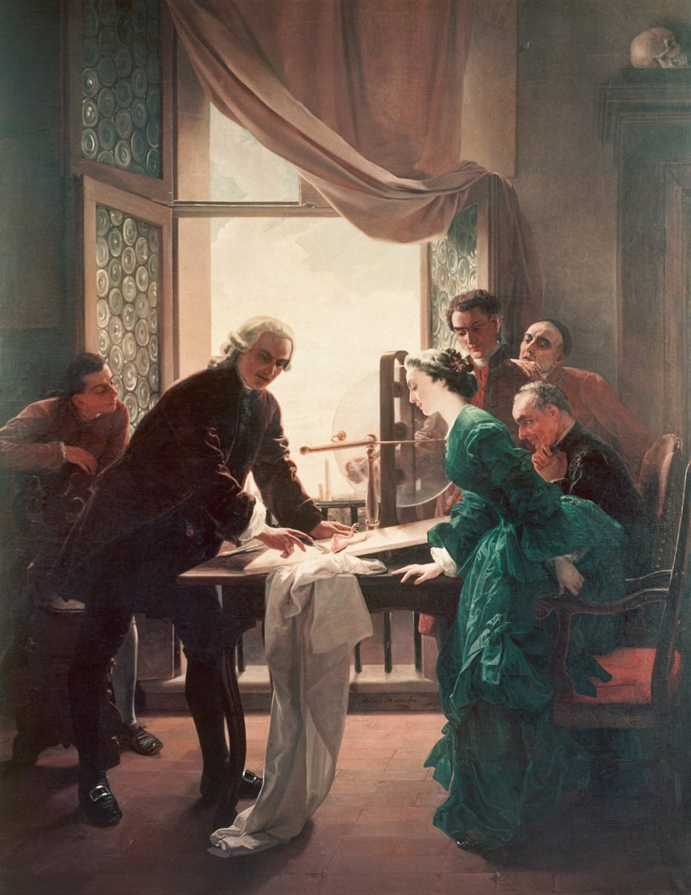 Luigi Galvani (1737-1798) gör experiment på grodor, assisterad av sin fru Lucia Galeazzi av Antonio Muzzi