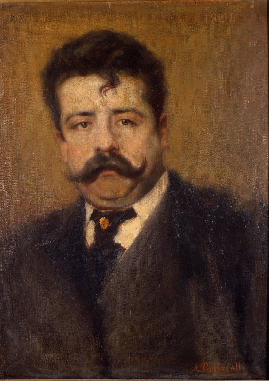 Porträtt av Ruggero Leoncavallo. Italiensk kompositör (1858 till 1919) Målning av Antonio Pasinetti (1863-1940). av 1894. Museo della Scala i Milano. av Antonio Pasinetti