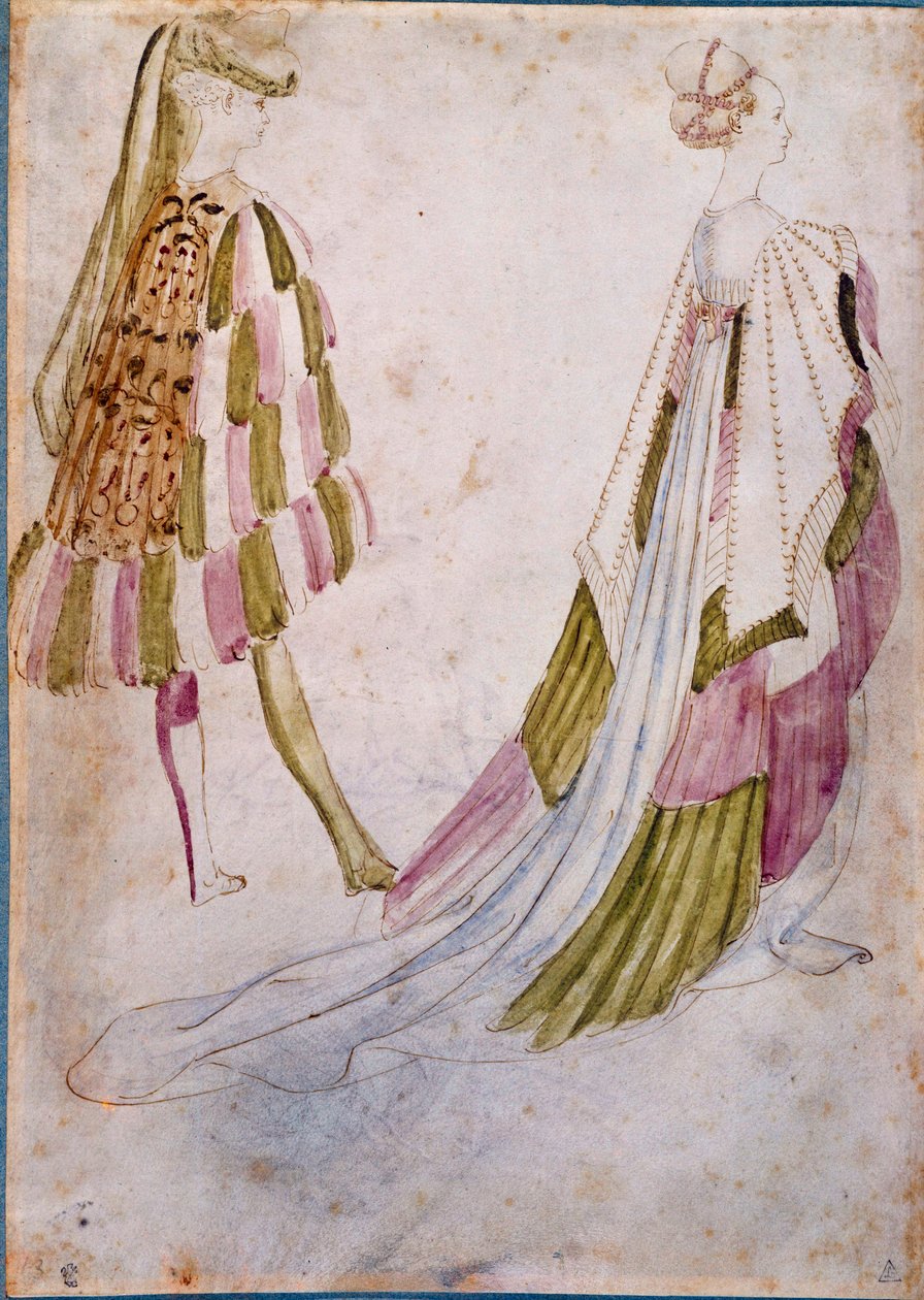 En man och en kvinna i rätten kläder akvarell, fjäder och tvätt av Antonio di Puccio Pisano dit Pisanello (före 1395-1455) 1450 Sön. 0,27x0,19 m Chantilly, Musee Conde av Antonio Pisanello