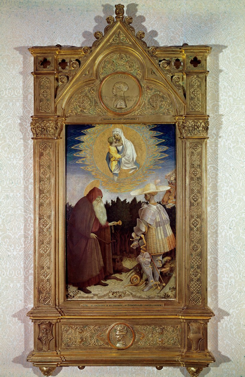 Jungfruns uppenbarelse för Saint Anthony Abbe (Saint Anthony den Store (250/251-356) (eller Saint Anthony Eremiten) och Saint George. Målning av Antonio di Puccio Pisano dit Pisanello (1395-1455) av Antonio Pisanello
