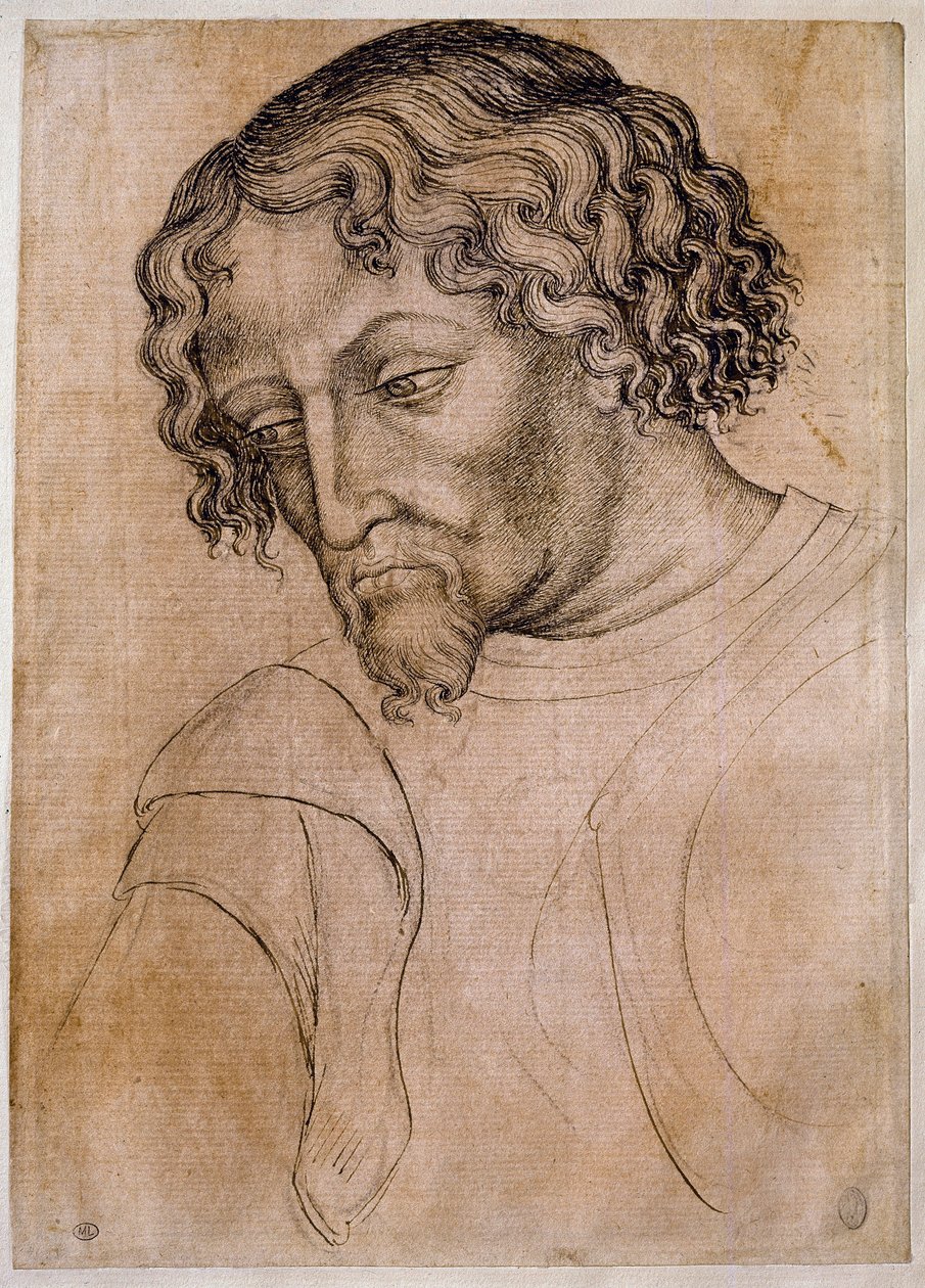 Byst av skäggig man, tre fjärdedels huvud lutat åt vänster. Ritning av verkstaden Antonio di Puccio Pisano dit Pisanello (1395-1455). Fjäder (teckning), blod. Mått: 28x20cm. Louvren, ritfirma av Antonio Pisanello