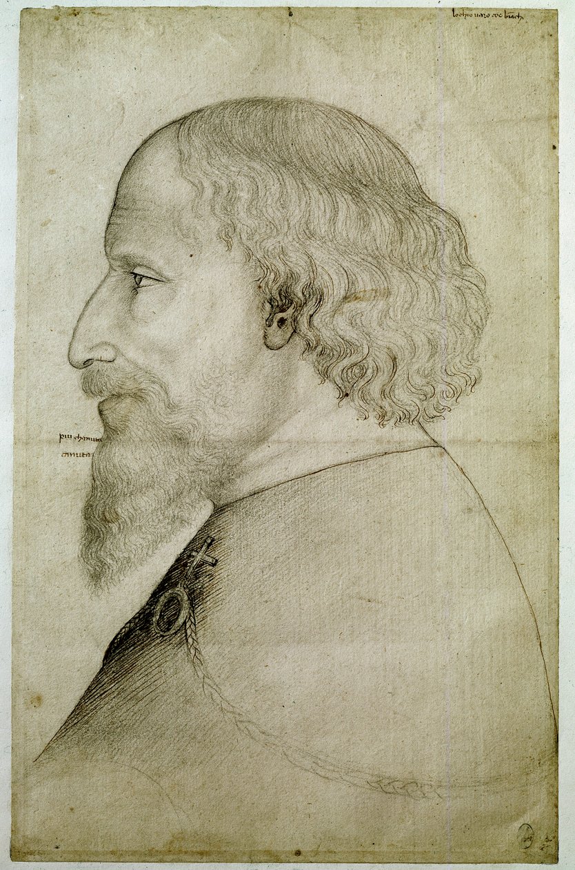 Kejsar Sigismond av Luxemburg (1368-1437), sedd i byst, i profil till vänster. Teckning av Antonio di Puccio Pisano dit Pisanello (före 1395-1455). Svart sten. Mått: 41,1x55,9 cm. av Antonio Pisanello