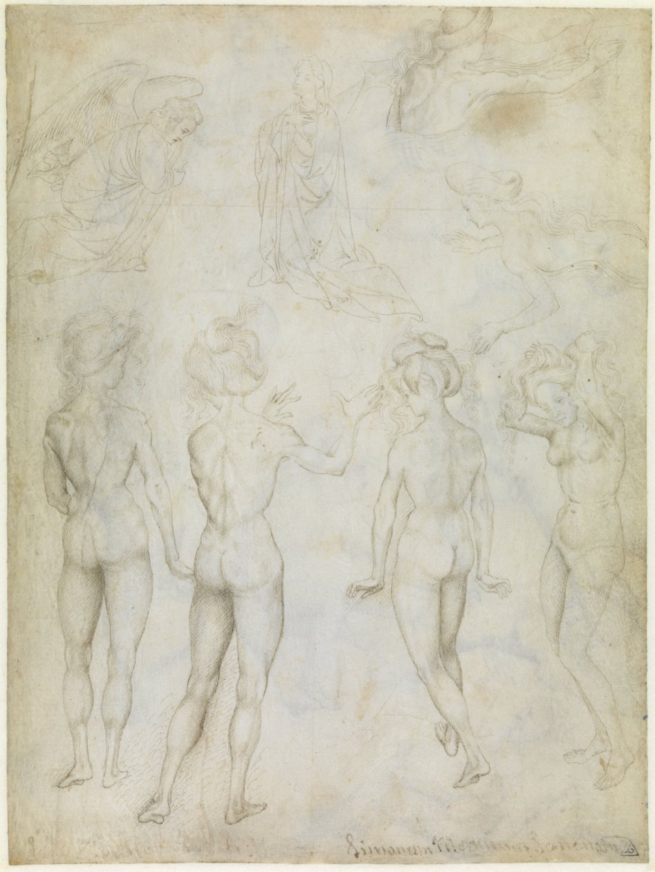 Fyra studier av en kvinnlig nakenbild, en bebådelse och två studier av en simmande kvinna, ca 1425 (metallspets, penna  blyerts i brunt på pergament) av Antonio Pisanello