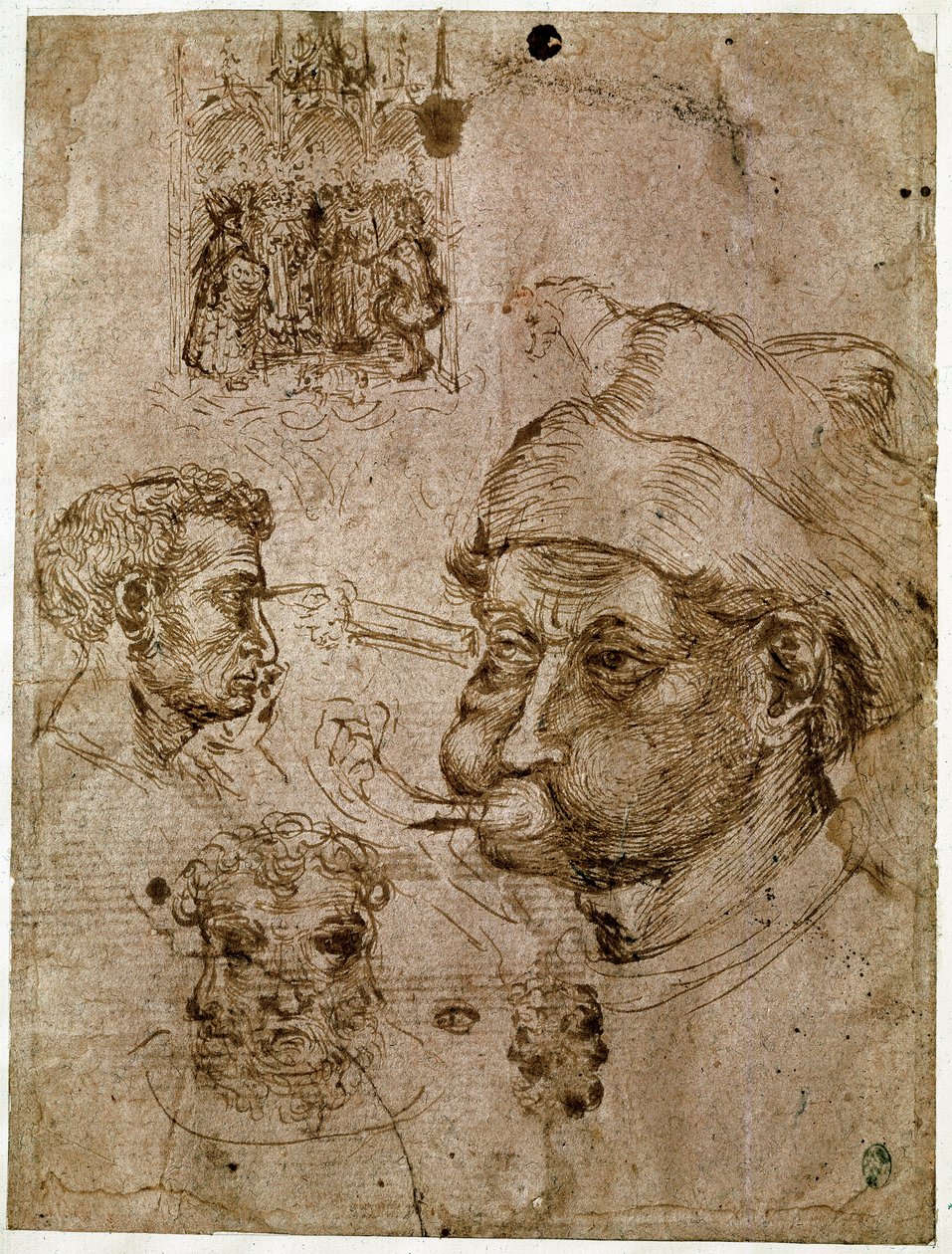 Fyra mäns huvuden, varav två har tre ansikten. En altartavla. En häst. Teckningar från verkstaden av Antonio di Puccio Pisano dit Pisanello (1395-1455). Brunt bläck, penna (ritning), blod. Mått: 27,1x20,5cm. Louvren, Cabinet des medailles. av Antonio Pisanello
