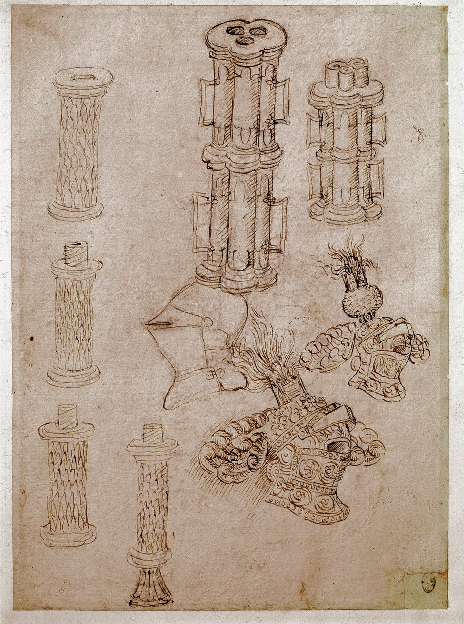 Tre hjälmar toppade med kistor och två stycken vapen demolerade. Teckning av Antonio di Puccio Pisano dit Pisanello (1395-1455) Brunt tusch, svart sten, fjäder. Mått: 28,7x20,6cm. Louvren, ritfirma av Antonio Pisanello