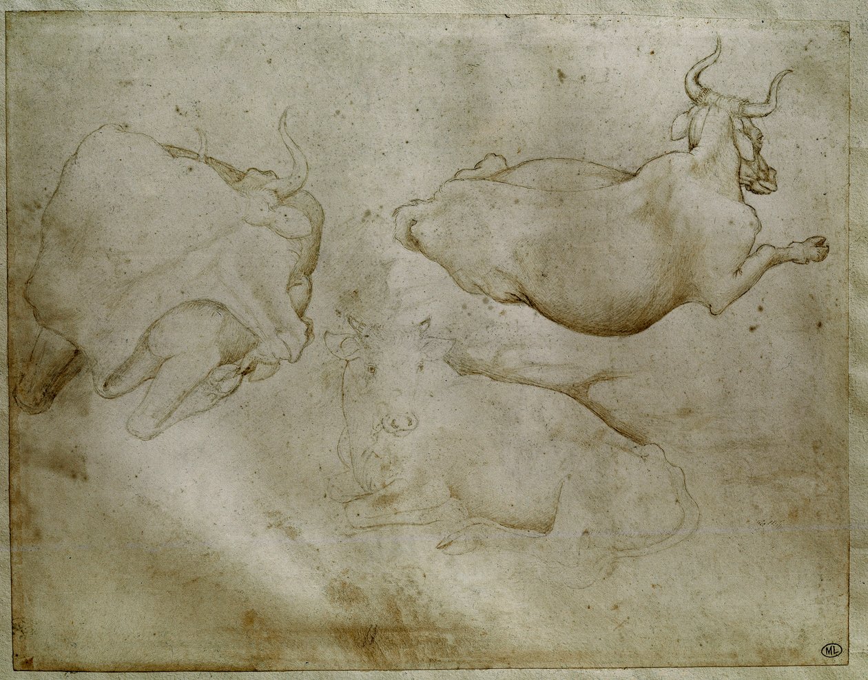 Två kor och en enbär. Teckning av Antonio di Puccio Pisano dit Pisanello (1395-1455). Scroll, metallspets. Höjd: 17,6 cm. Louvren, Cabinet des medailles av Antonio Pisanello