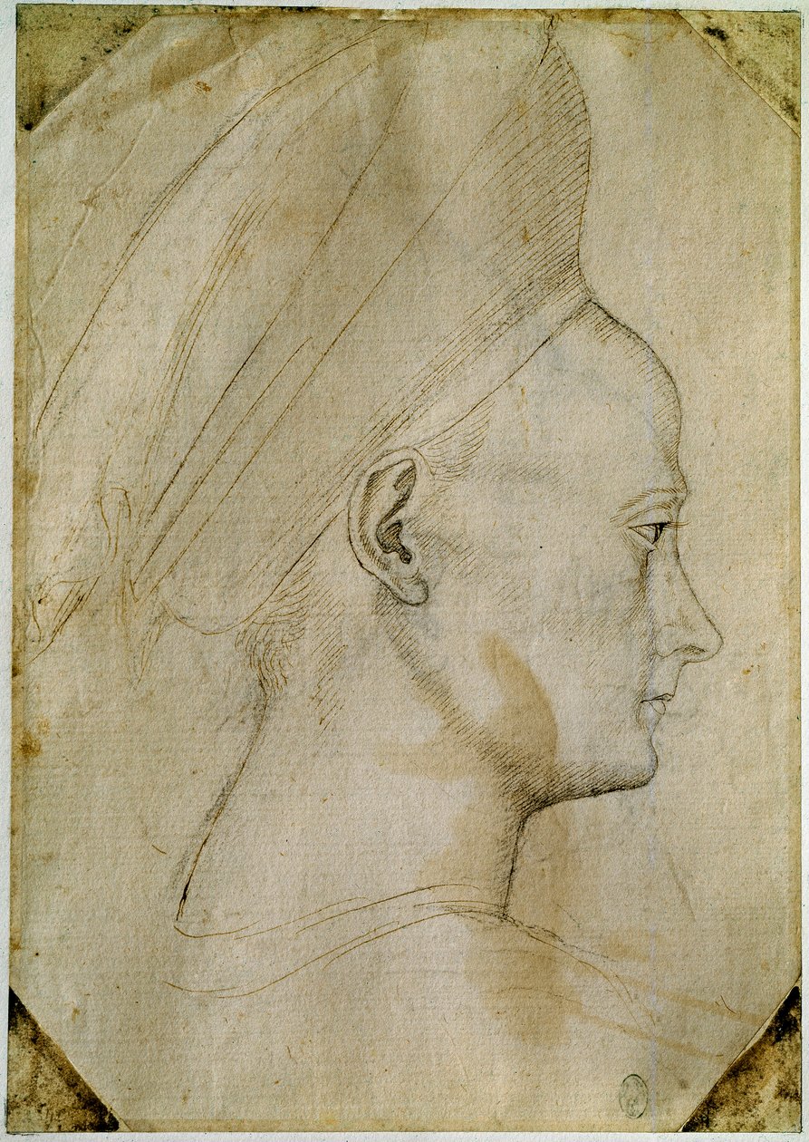 Ung kvinnas huvud, i profil till höger. Ritning av verkstaden av Antonio di Puccio Pisano dit Pisanello (1395-1455). Brunt bläck, svart sten, fjäder. Mått: 24,6x17,2 cm. Louvren, Cabinet des dessins. av Antonio Pisanello