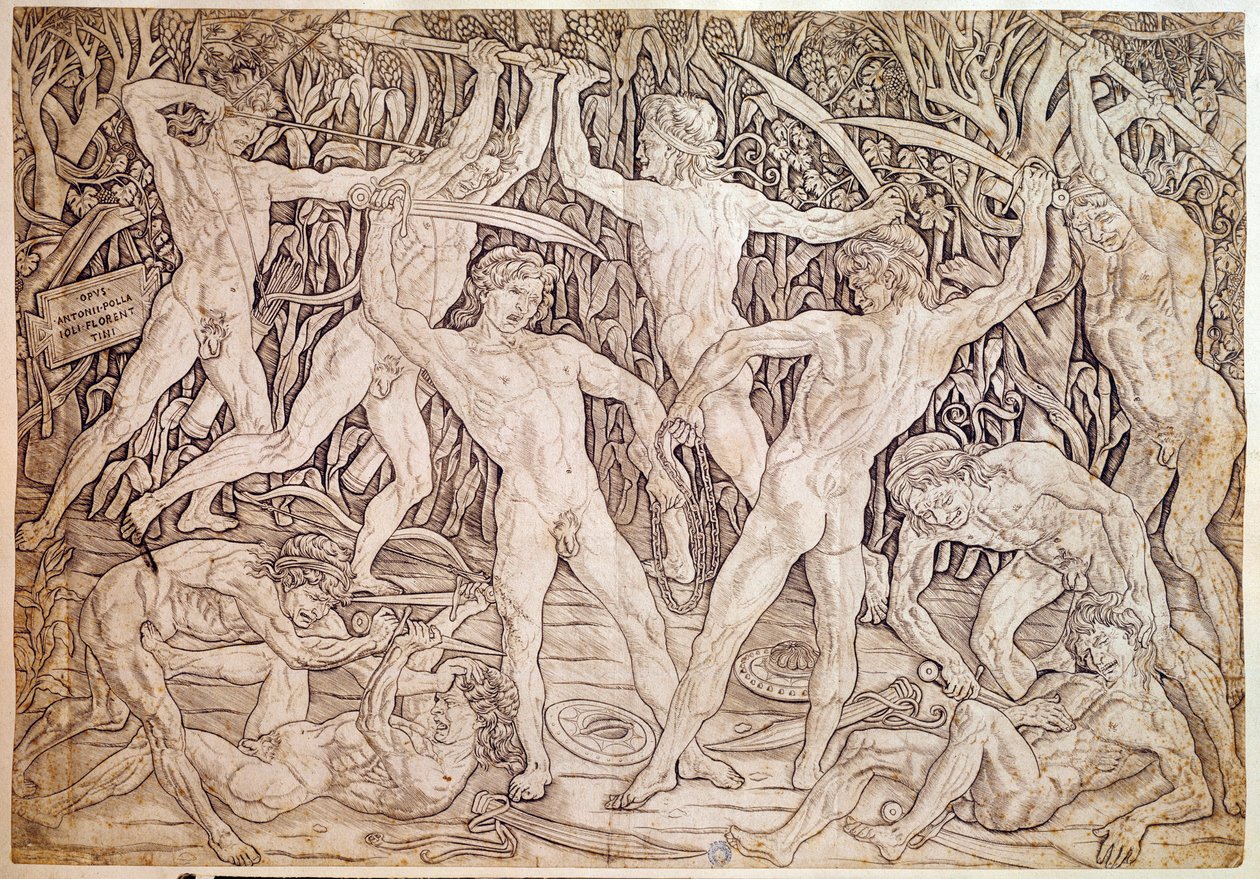 Nakna män slåss. Graverad av Antonio Pollaiuolo (Pollaiolo) (1432-1498) av Antonio Pollaiuolo