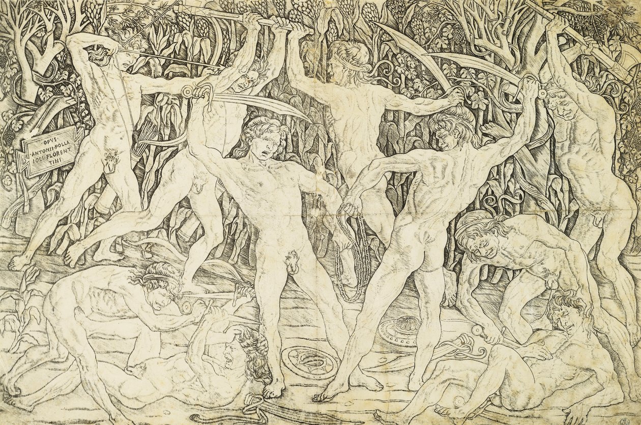 Nakenbilder i strid, av Antonio del Pollaiuolo (ca 1431-1498), gravyr av Antonio Pollaiuolo