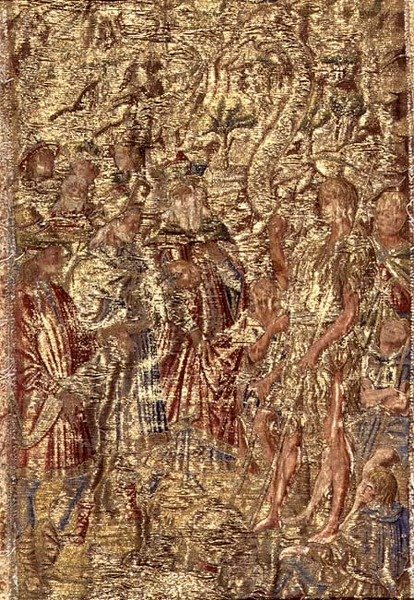 Johannes döparen inför översteprästerna och leviterna, gobeläng som skildrar scener ur helgonets liv (textil) av Antonio Pollaiuolo