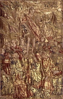 Johannes Döparen predikar för mängden, gobeläng som skildrar scener från helgonets liv (textil) av Antonio Pollaiuolo