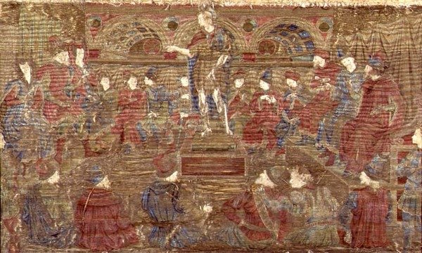 Johannes Döparen tillrättavisar Herodes, gobeläng som skildrar scener ur helgonets liv (textil) av Antonio Pollaiuolo