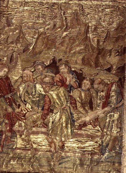 Johannes Döparens begravning, gobeläng med scener ur helgonets liv (textil) av Antonio Pollaiuolo