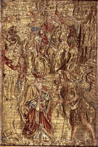 Mötet mellan Johannes Döparen och översteprästen, gobeläng med scener ur helgonets liv (textil) av Antonio Pollaiuolo