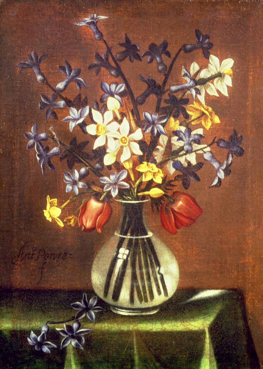 Stilleben av blommor inklusive hyacint, tulpaner och fasanöga (olja) av Antonio Ponce