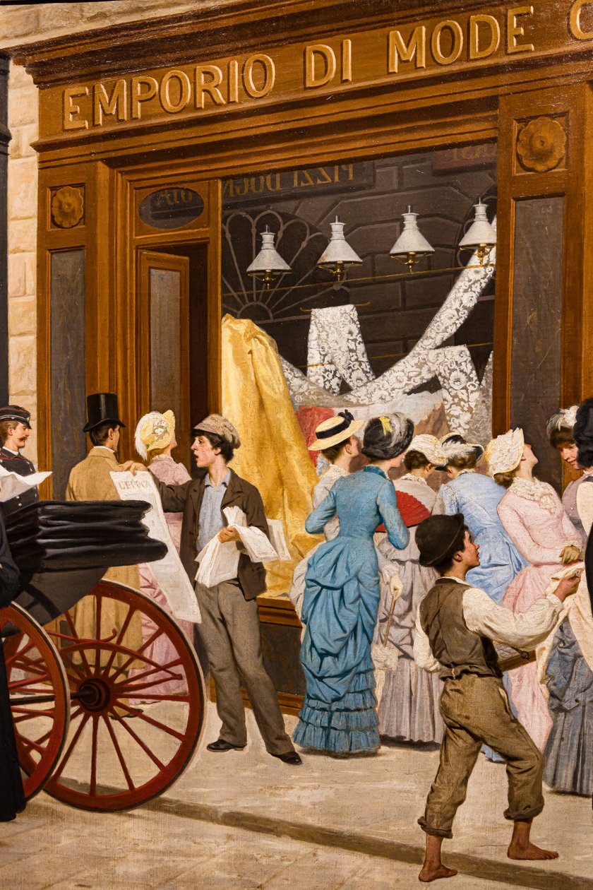 Epok, detalj av kvinnor som tittar på ett skyltfönster, en stadsskrikare och en pojke av Antonio Puccinelli